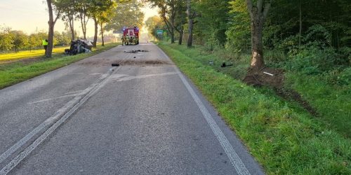Groźny wypadek w Celejowie. 22-latek uderzył Peugeotem w drzewo