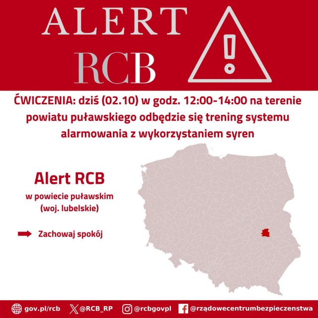 Syreny zawyją dziś w powiecie puławskim. RCB zapowiada ćwiczenia