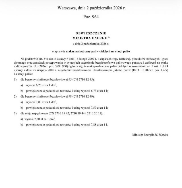 Maksymalne ceny paliw od 3 października. Benzyna 95 do 6,73 zł za litr