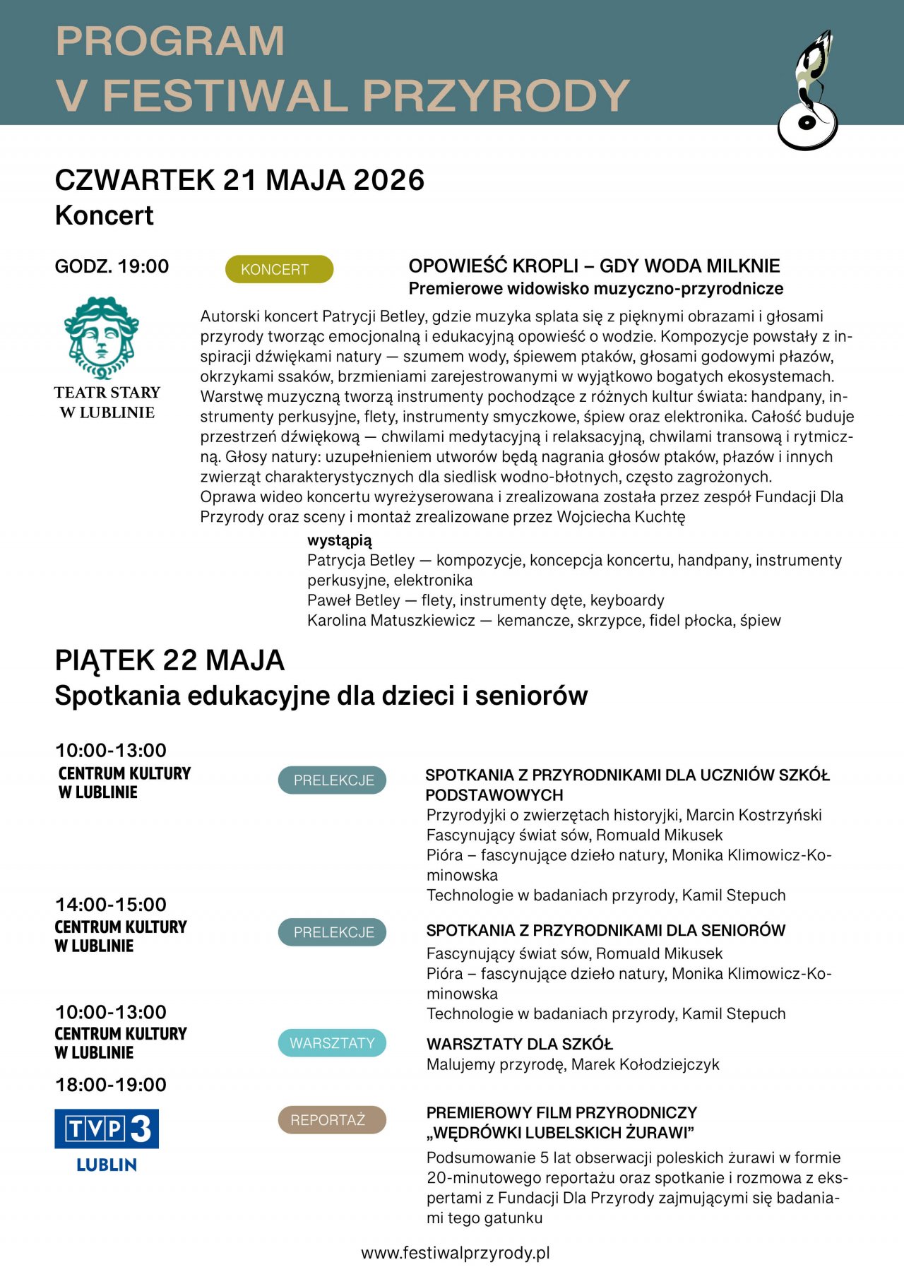 V Festiwal Przyrody - program czwartek - piątek  21-22 maja